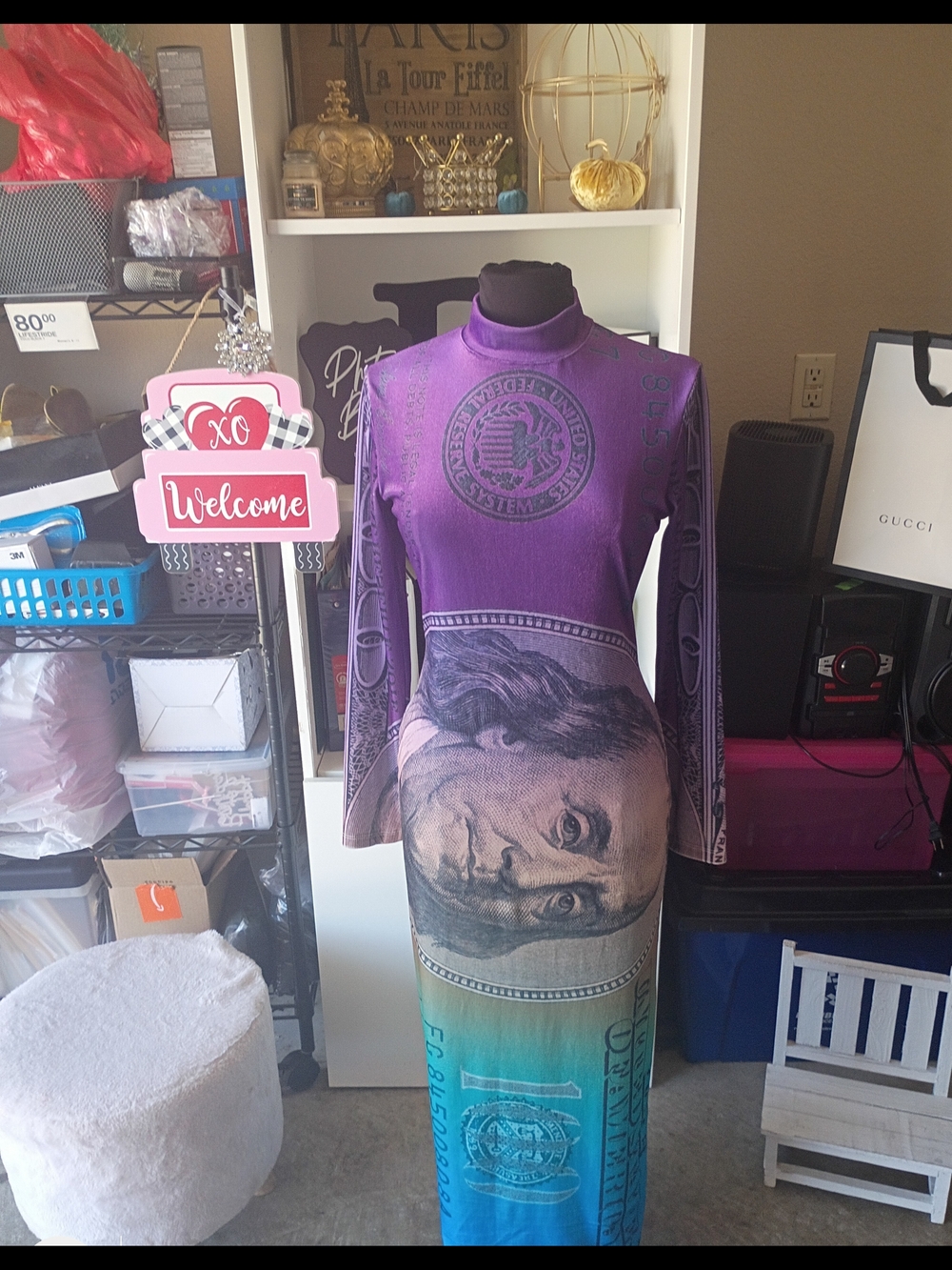 Long Sleeve Maxi Dress with Gradient Money Print - Purple to Teal.